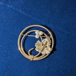 Gold-Tone Leaf & Pearl Circle Brooch - Women's Jewelry
